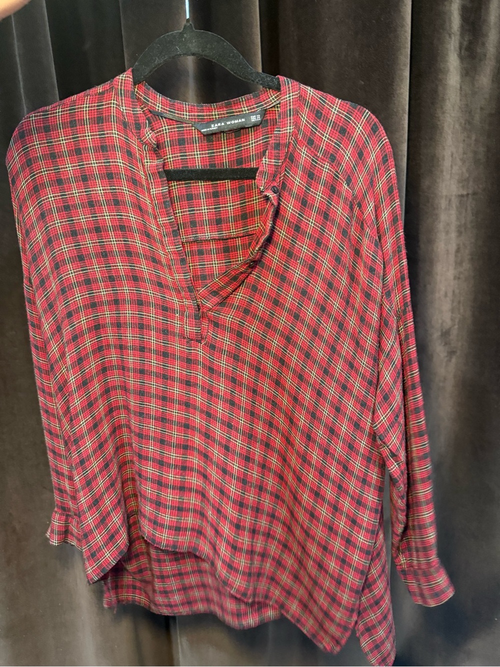Zara Red and Black Plaid V-Neck Tunic Top